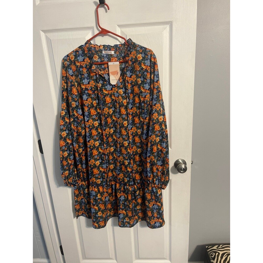 KIRUNDO Long Sleeve Boho Floral Print Casual Loose Dress Size L New With Tag
